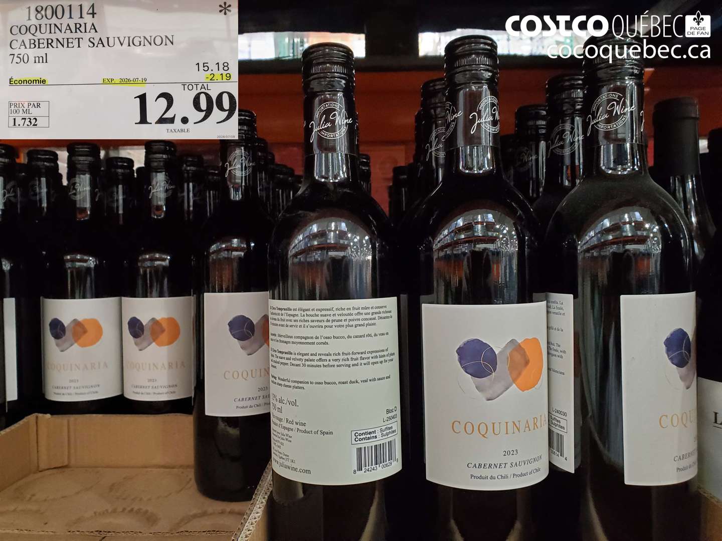 1800114 COQUINARIA CABERNET SAUVIGNON 750 ML ($2.19 INSTANT SAVINGS EXPIRES ON 2026-07-19) $12.99