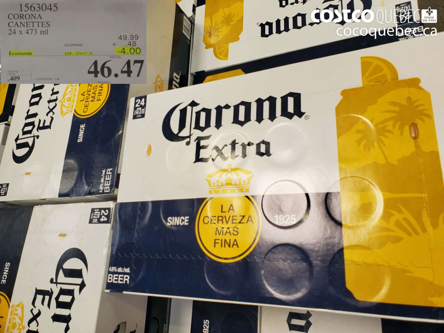 1563045 CORONA CANETTES 24 X 473 ML ($4.00 INSTANT SAVINGS EXPIRES ON 2026-07-26) $46.47