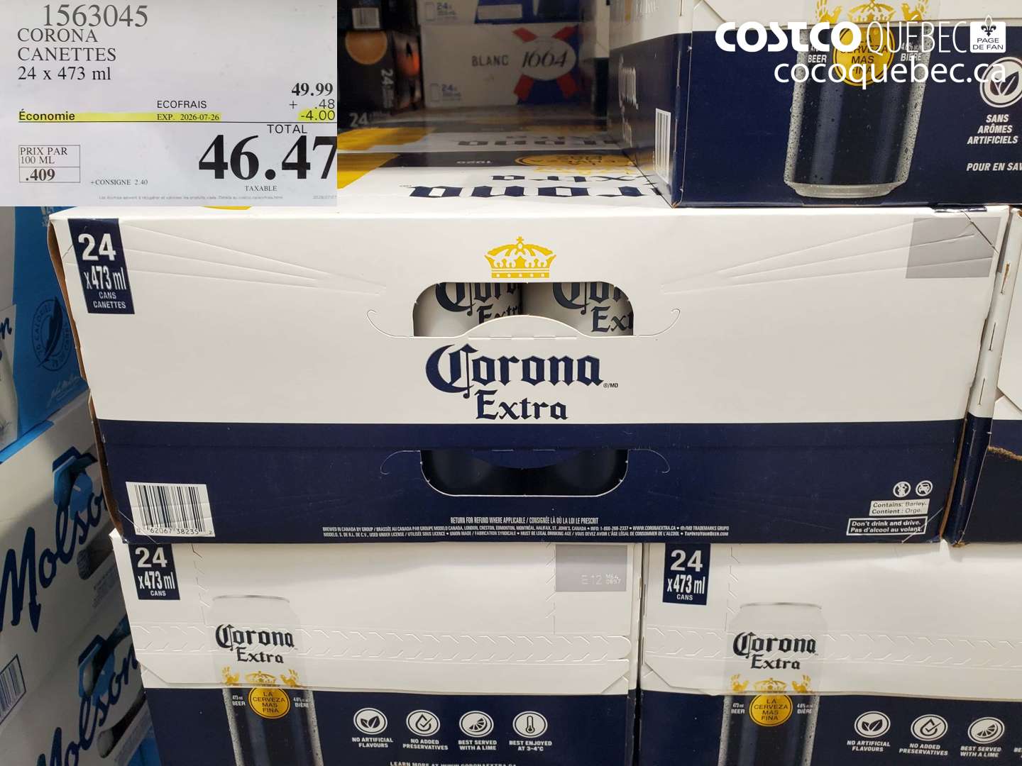 1563045 CORONA CANETTES 24 X 473 ML ($4.00 INSTANT SAVINGS EXPIRES ON 2026-07-26) $46.47