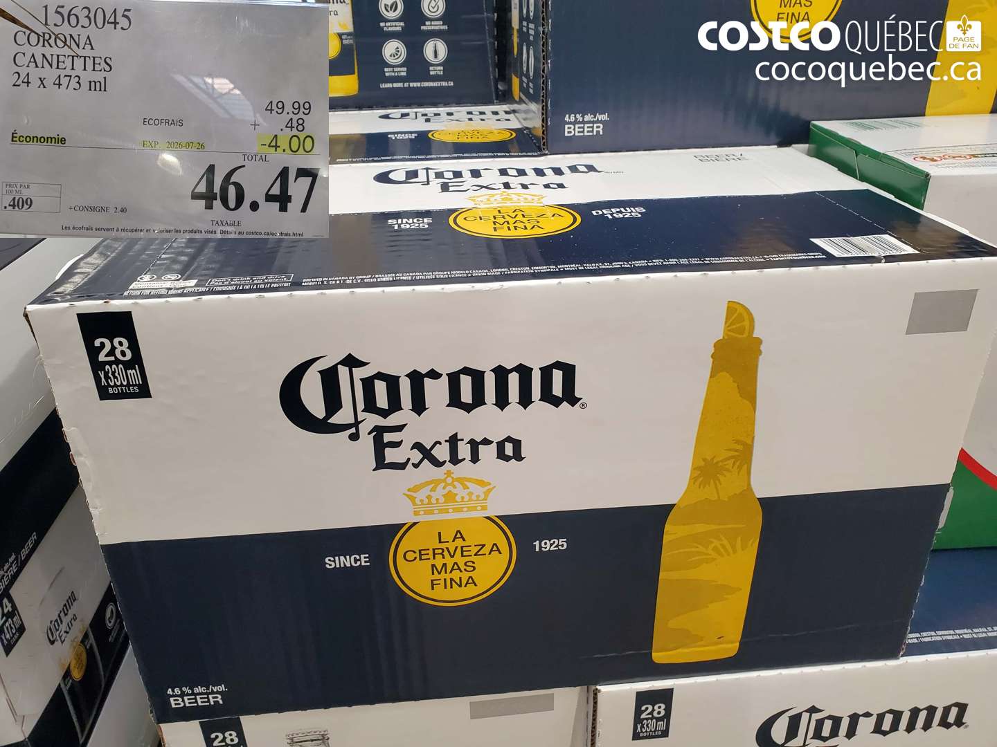 1563045 CORONA CANETTES 24 X 473 ML ($4.00 INSTANT SAVINGS EXPIRES ON 2026-07-26) $46.47