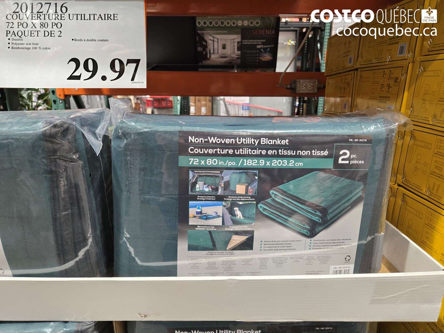 2012716 COUVERTURE UTILITAIRE 72 PO X 80 PO PAQUET DE 2 $29.97