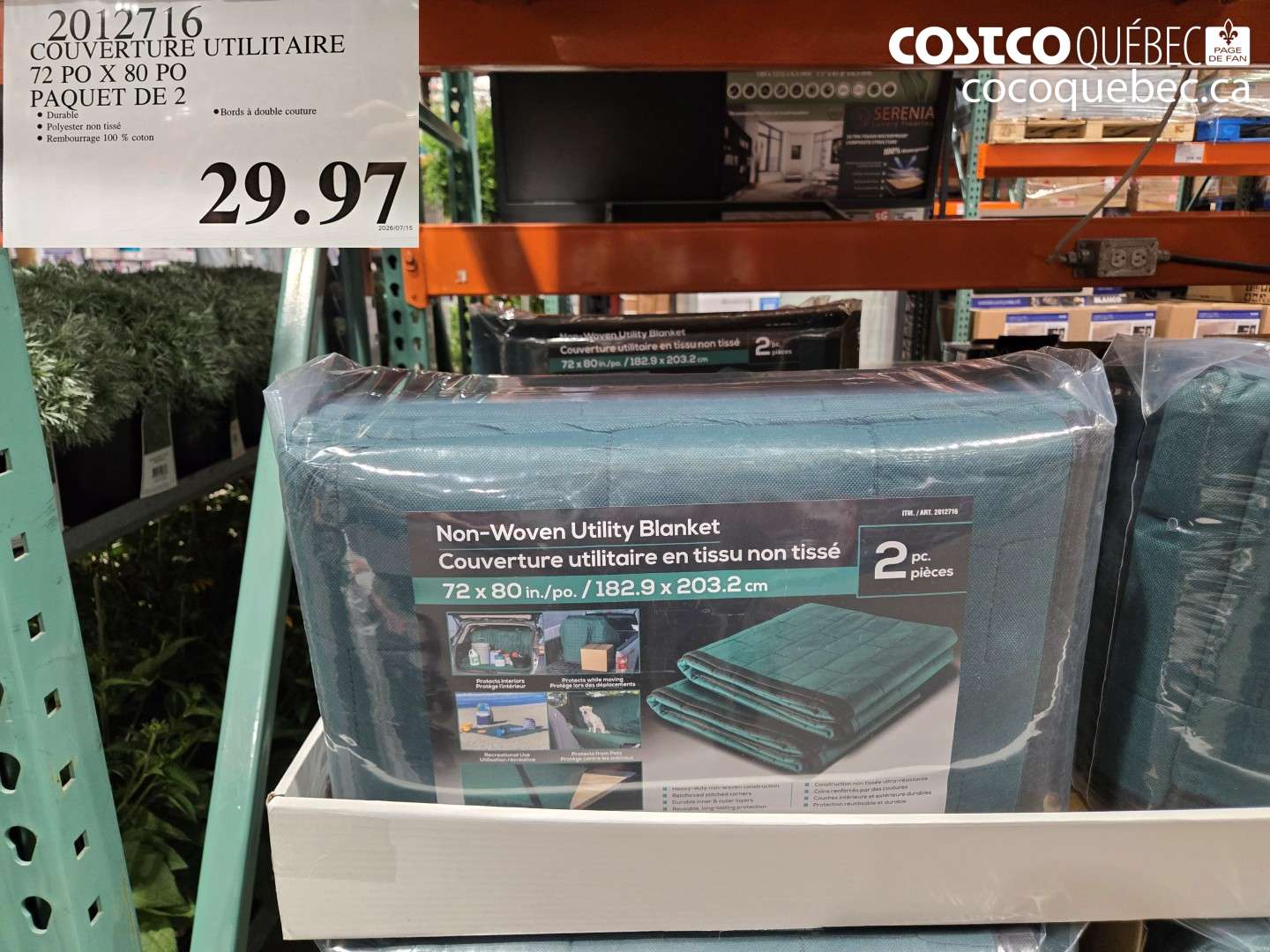 2012716 COUVERTURE UTILITAIRE 72 PO X 80 PO PAQUET DE 2 $29.97