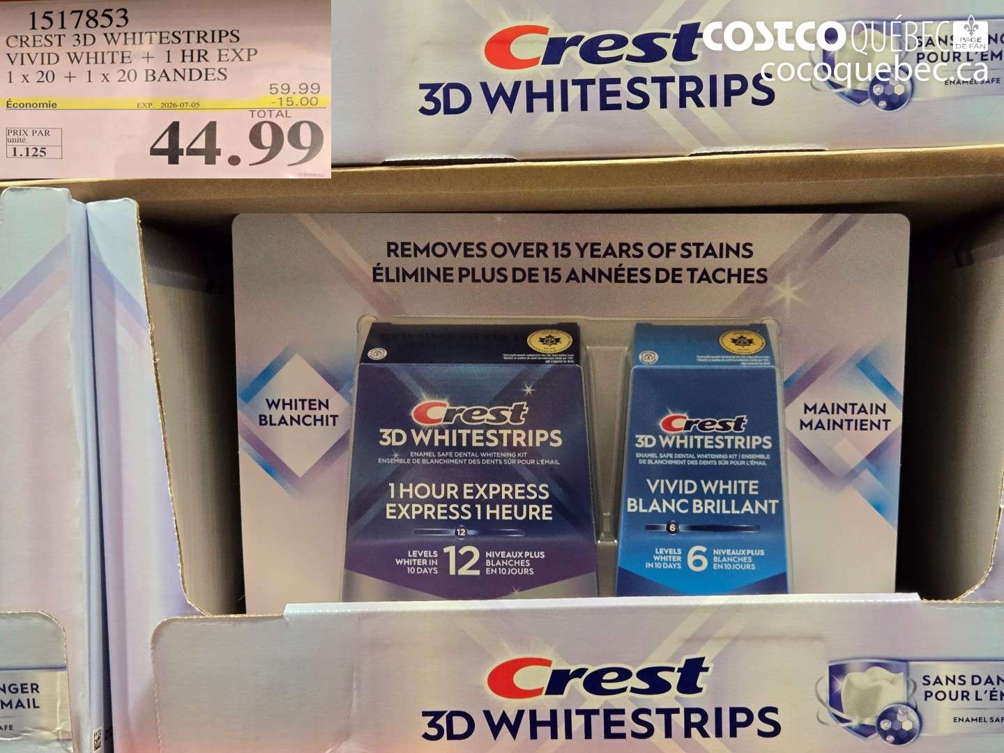 1517853 CREST 3D WHITESTRIPS VIVID WHITE + 1 HR EXP ($15.00 INSTANT SAVINGS EXPIRES ON 2026-07-05) $44.99