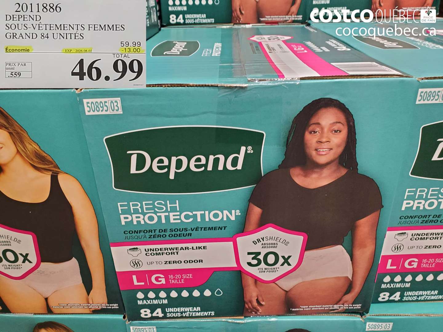 2011886 DEPEND SOUS-VÊTEMENTS FEMMES GRAND 84 UNITÉS ($13.00 INSTANT SAVINGS EXPIRES ON 2026-08-02) $46.99