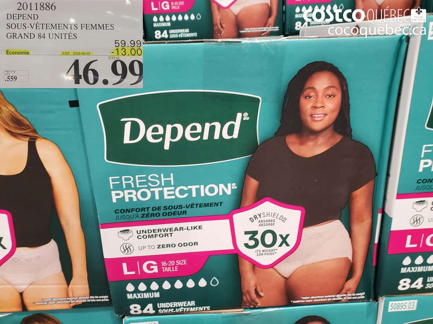 2011886 DEPEND SOUS-VÊTEMENTS FEMMES GRAND 84 UNITÉS ($13.00 INSTANT SAVINGS EXPIRES ON 2026-08-02) $46.99
