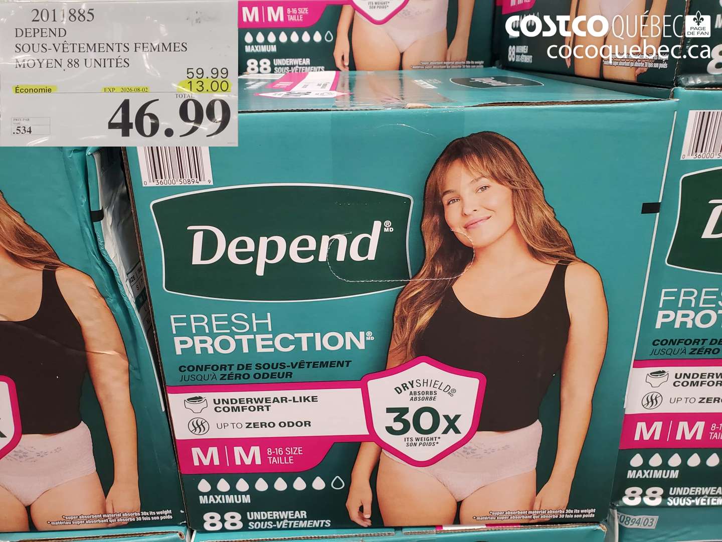 2011885 DEPEND SOUS-VÊTEMENTS FEMMES MOYEN 88 UNITÉS ($13.00 INSTANT SAVINGS EXPIRES ON 2026-08-02) $46.99