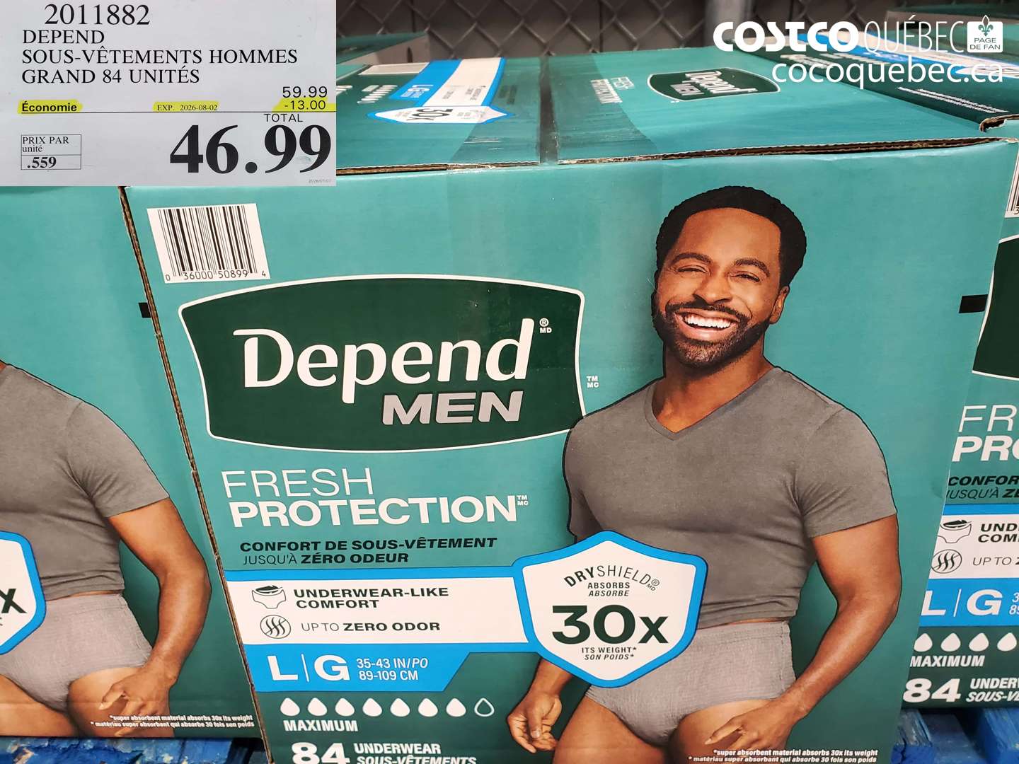 2011882 DEPEND SOUS-VÊTEMENTS HOMMES GRAND 84 UNITÉS ($13.00 INSTANT SAVINGS EXPIRES ON 2026-08-02) $46.99