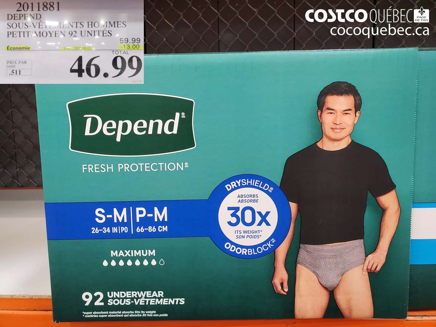 2011881 DEPEND SOUS-VÊTEMENTS HOMMES PETIT/MOYEN 92 UNITÉS ($13.00 INSTANT SAVINGS EXPIRES ON 2024-08-02) $46.99