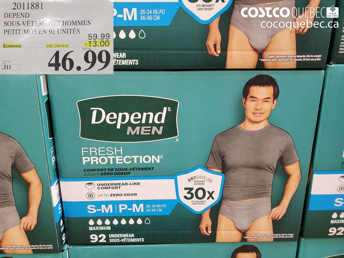 2011881 DEPEND SOUS-VÊTEMENTS HOMMES PETIT/MOYEN 92 UNITÉS ($13.00 INSTANT SAVINGS EXPIRES ON 2026-08-02) $46.99