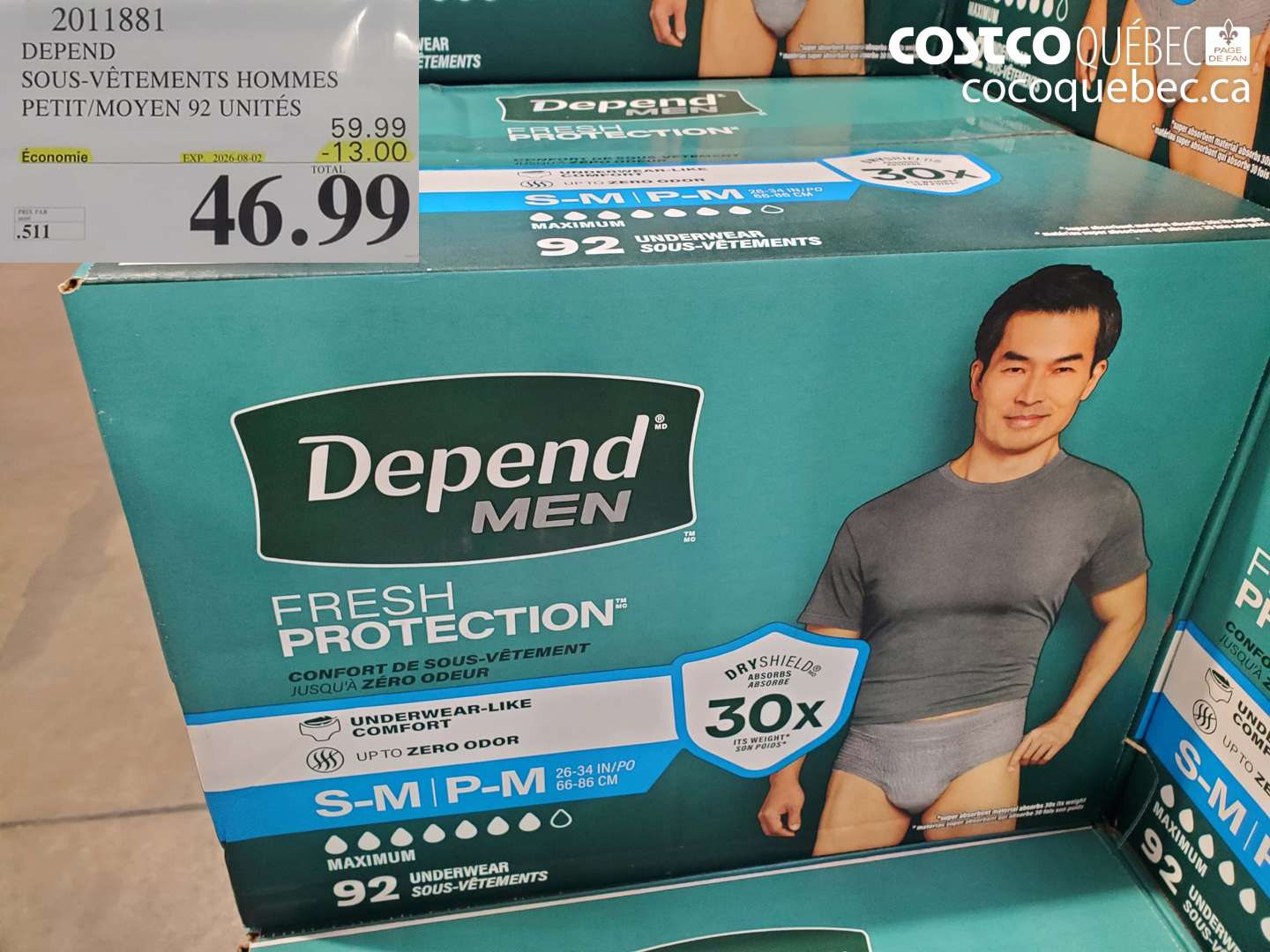2011881 DEPEND SOUS-VÊTEMENTS HOMMES PETIT/MOYEN 92 UNITÉS ($13.00 INSTANT SAVINGS EXPIRES ON 2026-08-02) $46.99