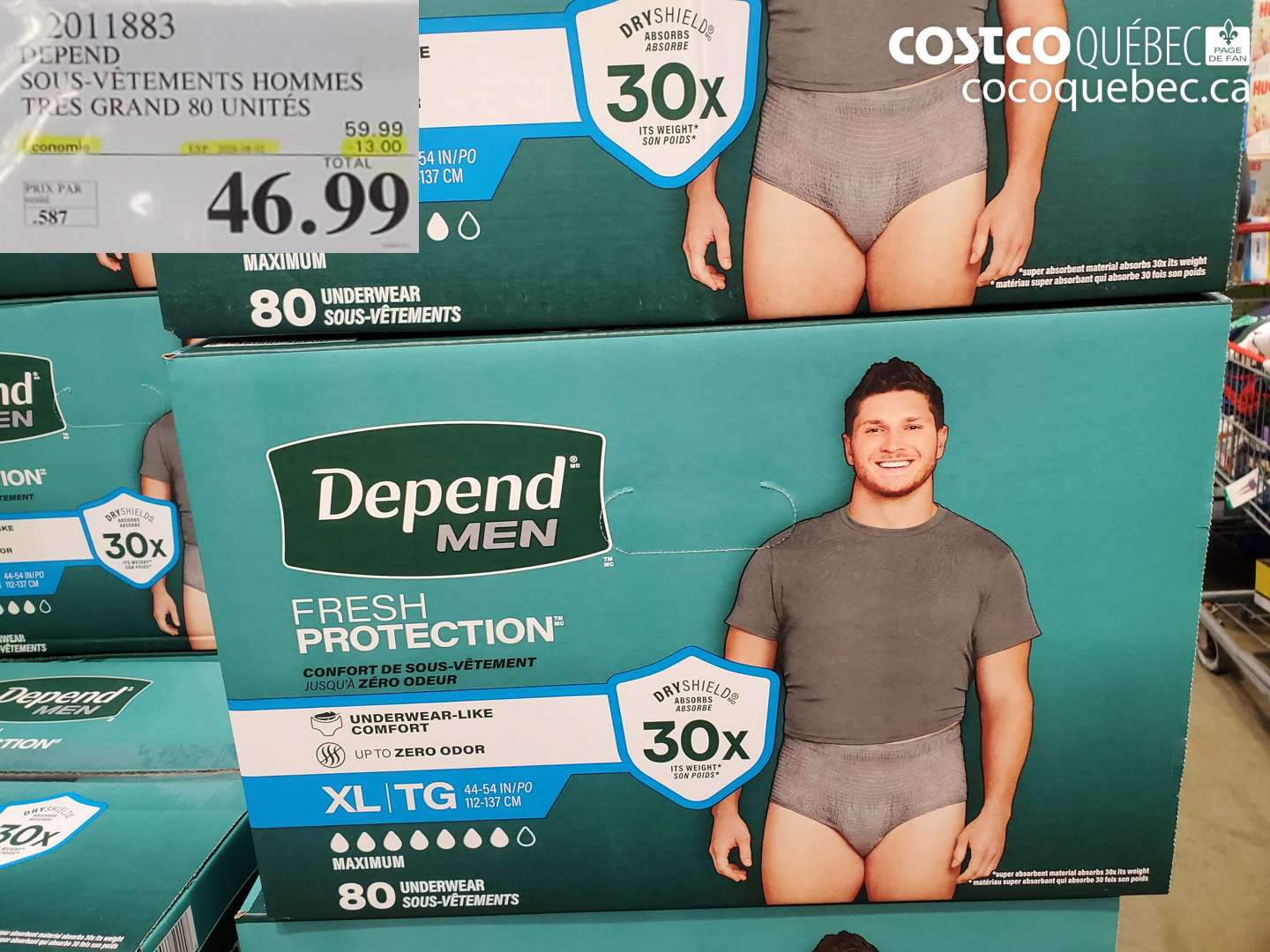 2011883 DEPEND SOUS-VÊTEMENTS HOMMES TRÈS GRAND 80 UNITÉS ($13.00 INSTANT SAVINGS EXPIRES ON 2026-08-02) $46.99