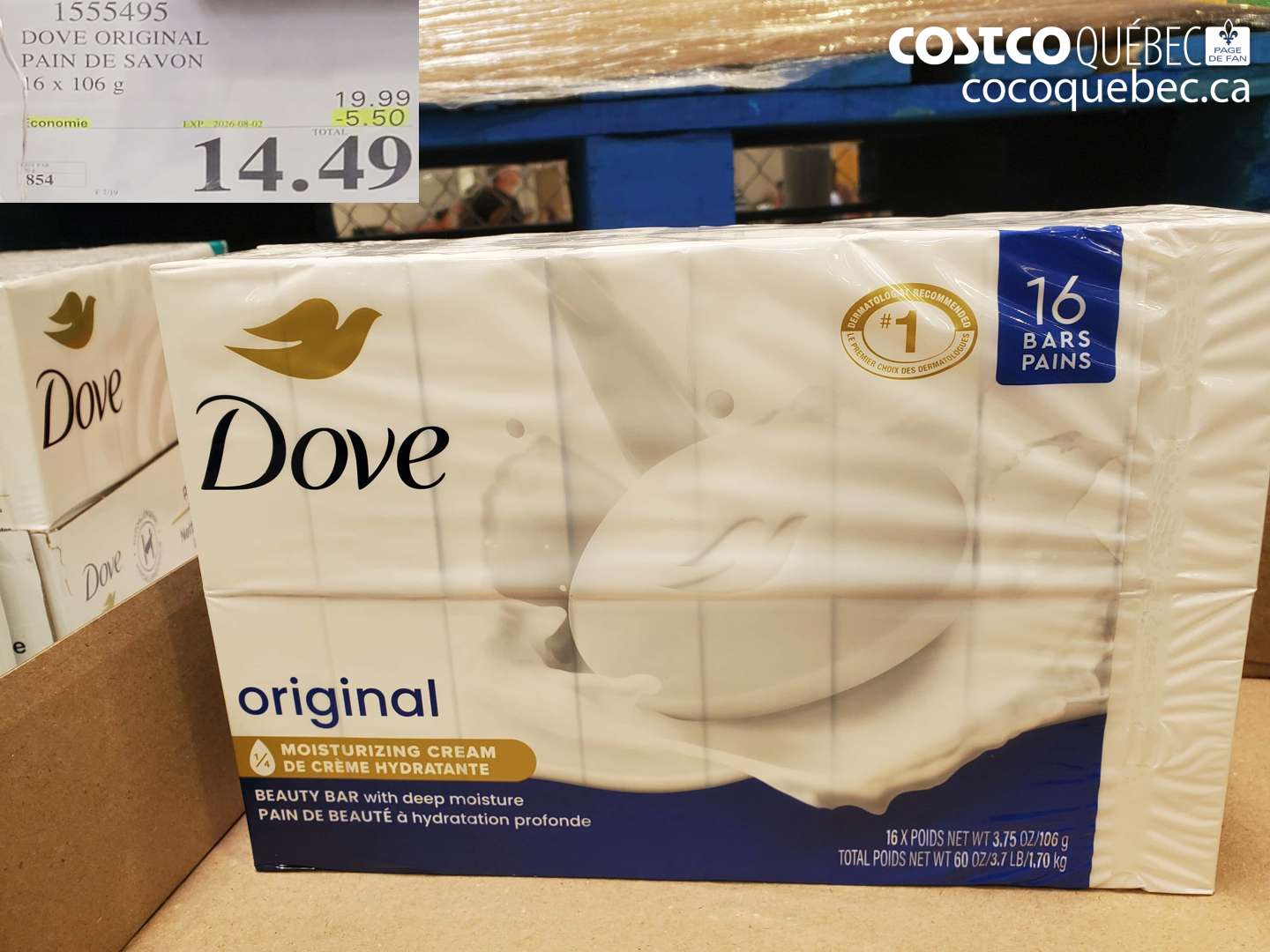 1555495 DOVE ORIGINAL PAIN DE SAVON 16 X 106 G ($5.50 INSTANT SAVINGS EXPIRES ON 2026-08-02) $14.49