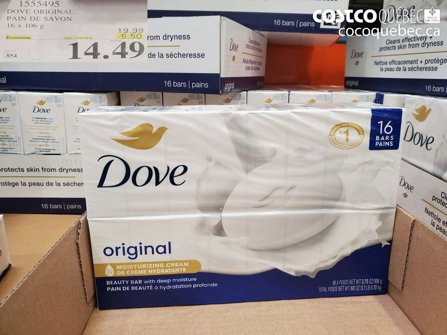 1555495 DOVE ORIGINAL PAIN DE SAVON 16 X 106 G ($5.50 INSTANT SAVINGS EXPIRES ON 2026-08-02) $14.49