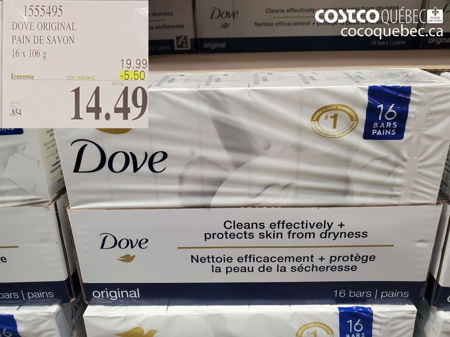 1555495 DOVE ORIGINAL PAIN DE SAVON 16 x 106 G ($5.50 INSTANT SAVINGS EXPIRES ON 2024-08-02) $14.49