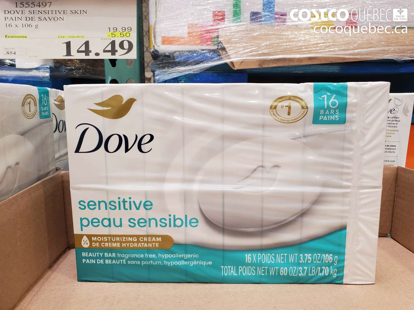 1555497 DOVE SENSITIVE SKIN PAIN DE SAVON 16 X 106 G ($5.50 INSTANT SAVINGS EXPIRES ON 2026-08-02) $14.49
