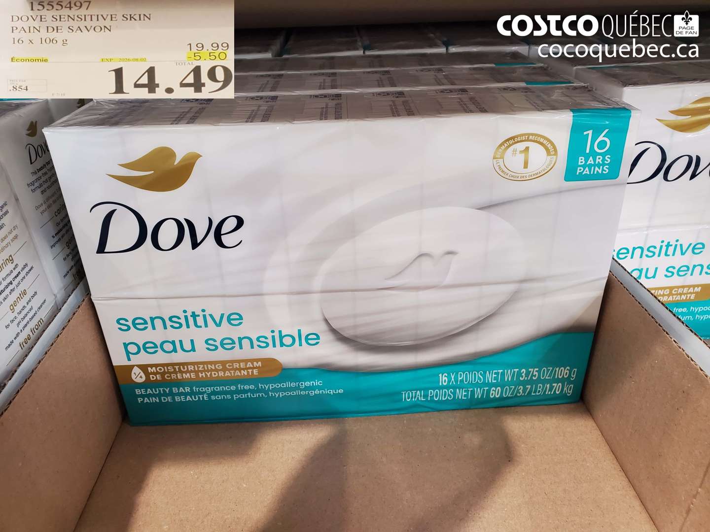 1555497 DOVE SENSITIVE SKIN PAIN DE SAVON 16 X 106 G ($5.50 INSTANT SAVINGS EXPIRES ON 2026-08-02) $14.49