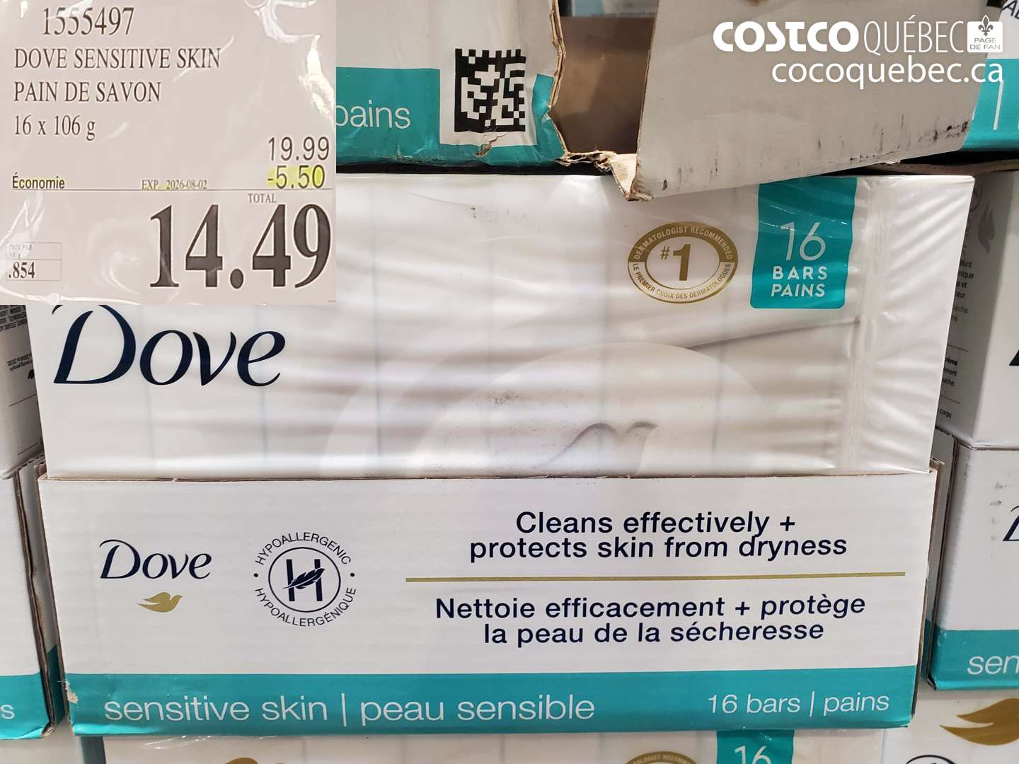 1555497 DOVE SENSITIVE SKIN PAIN DE SAVON 16 x 106 G ($5.50 INSTANT SAVINGS EXPIRES ON 2026-08-02) $14.49