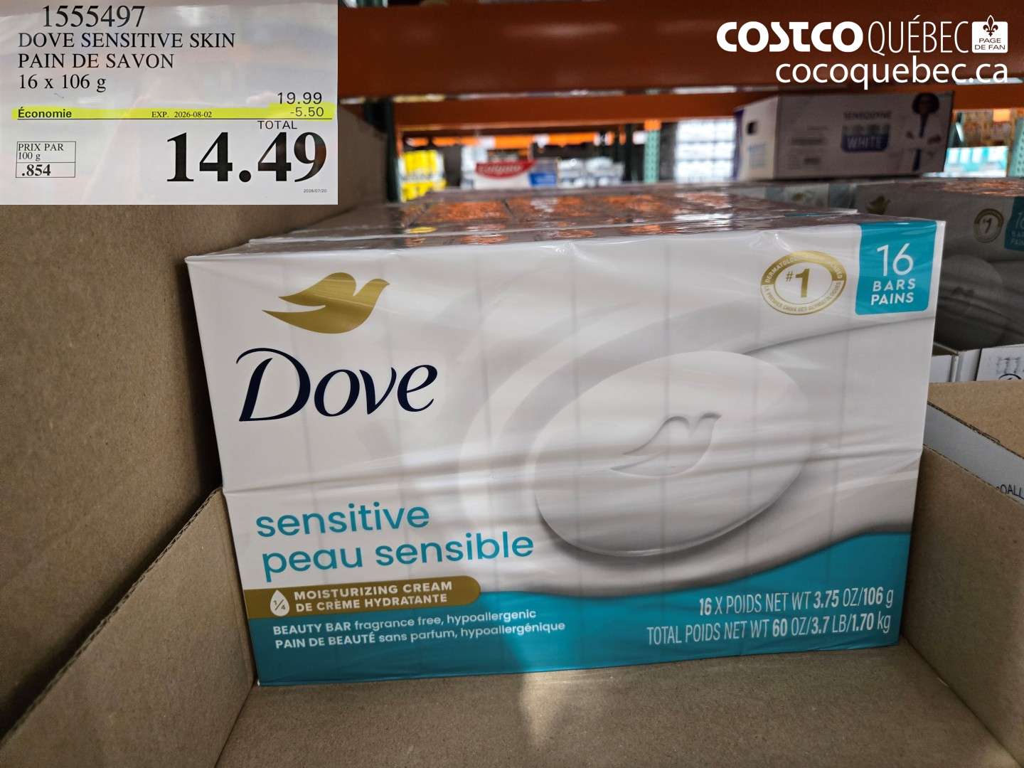 1555497 DOVE SENSITIVE SKIN PAIN DE SAVON ($5.50 INSTANT SAVINGS EXPIRES ON 2026-08-02) $14.49