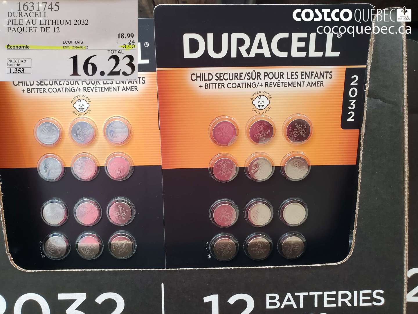 1631745 DURACELL PILE AU LITHIUM 2032 PAQUET DE 12 ($3.00 INSTANT SAVINGS EXPIRES ON 2026-08-02) $16.23