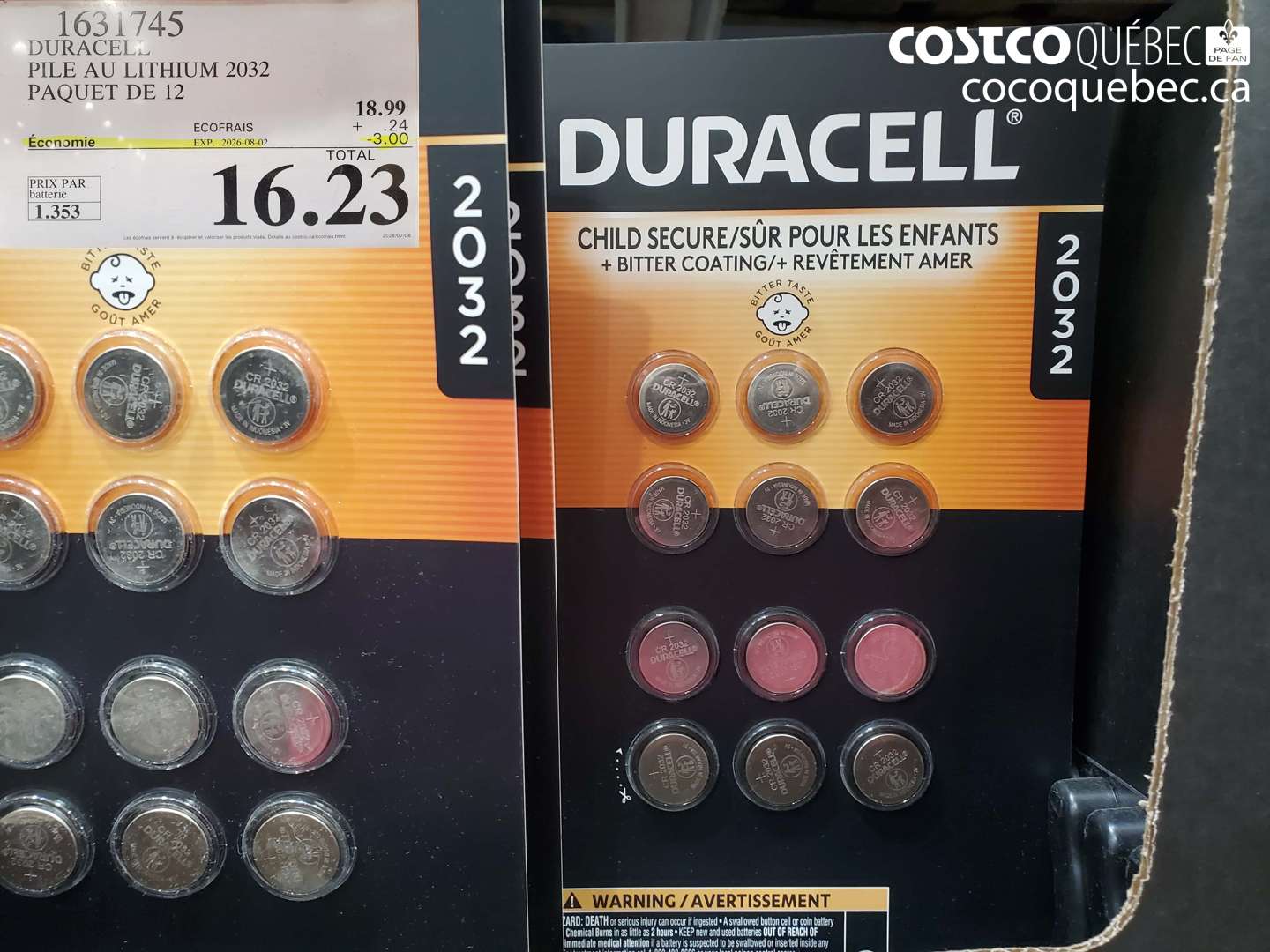 1631745 DURACELL PILE AU LITHIUM 2032 PAQUET DE 12 ($3.00 INSTANT SAVINGS EXPIRES ON 2026-08-02) $16.23