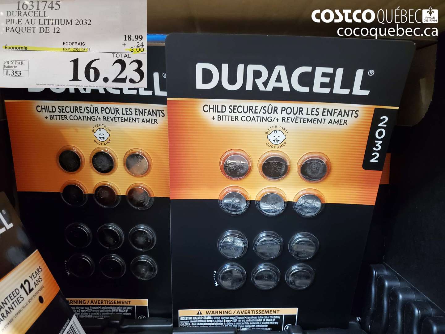 1631745 DURACELL PILE AU LITHIUM 2032 PAQUET DE 12 ($3.00 INSTANT SAVINGS EXPIRES ON 2026-08-02) $16.23