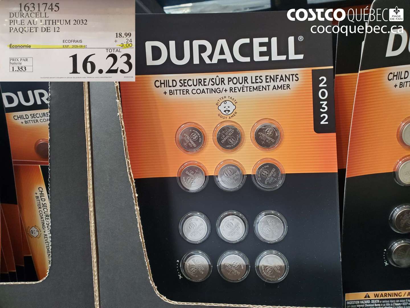 1631745 DURACELL PILE AU LITHIUM 2032 PAQUET DE 12 ($3.00 INSTANT SAVINGS EXPIRES ON 2026-08-02) $16.23