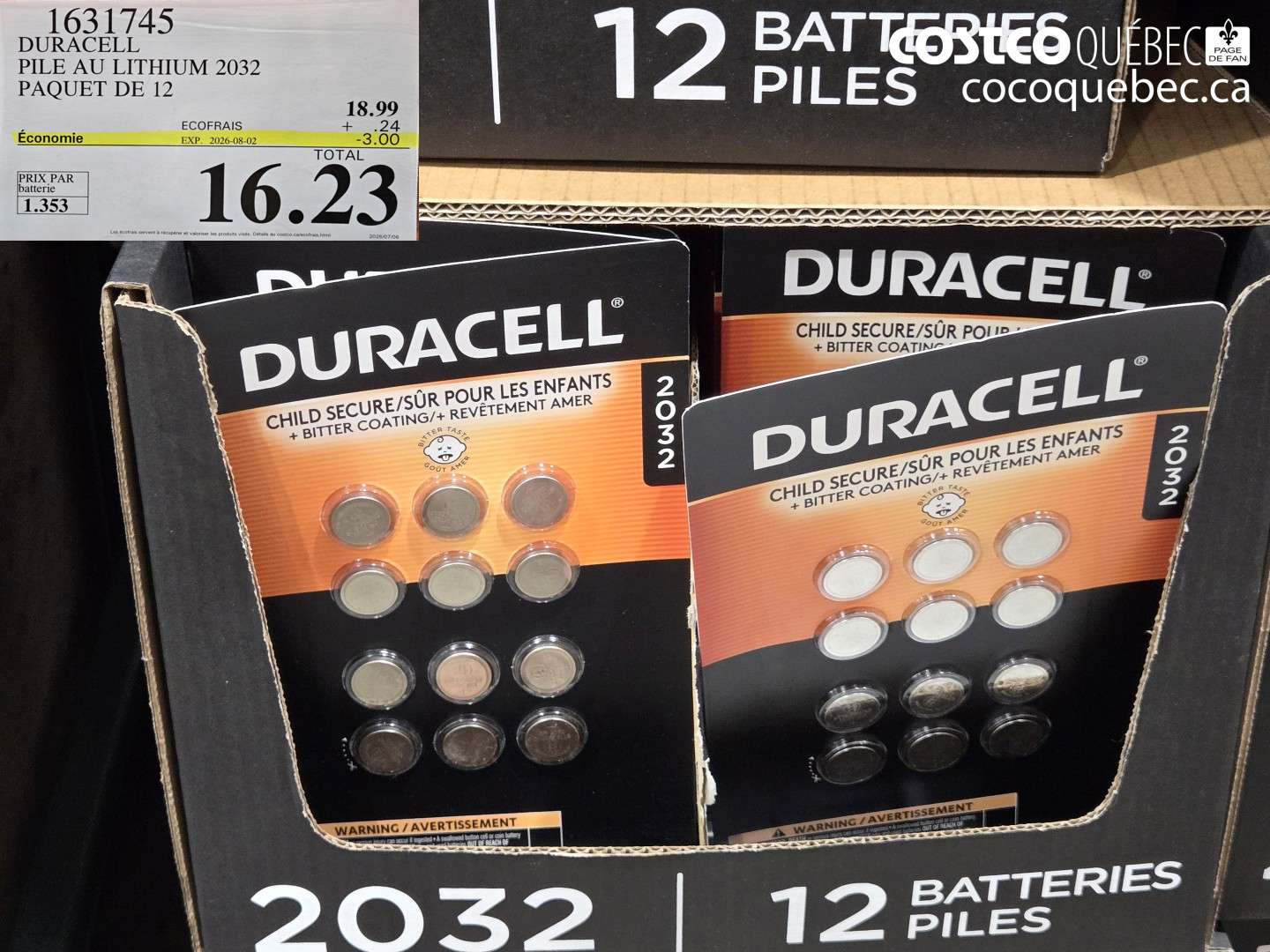 1631745 DURACELL PILE AU LITHIUM 2032 PAQUET DE 12 ($3.00 INSTANT SAVINGS EXPIRES ON 2026-08-02) $16.23