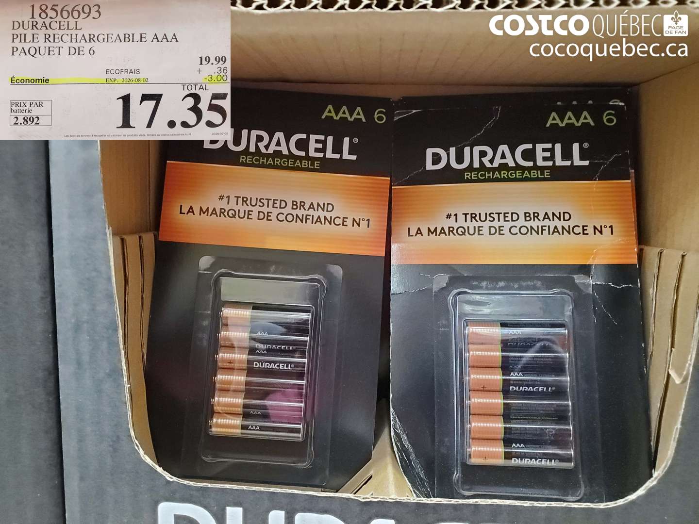 1856693 DURACELL PILE RECHARGEABLE AAA PAQUET DE 6 ($3.00 INSTANT SAVINGS EXPIRES ON 2026-08-02) $17.35