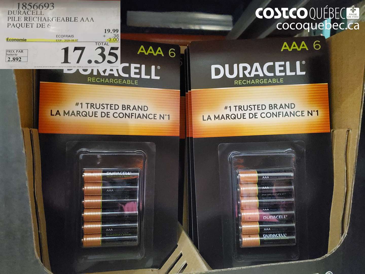 1856693 DURACELL PILE RECHARGEABLE AAA PAQUET DE 6 ($3.00 INSTANT SAVINGS EXPIRES ON 2026-08-02) $17.35
