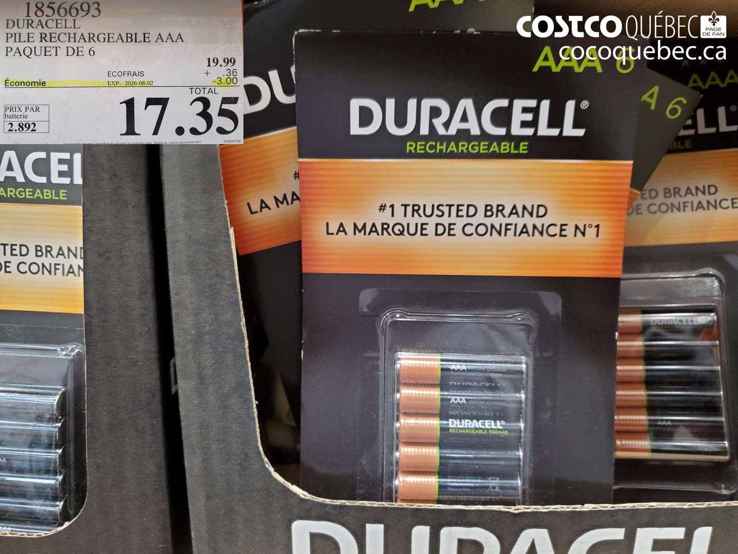 1856693 DURACELL PILE RECHARGEABLE AAA PAQUET DE 6 ($3.00 INSTANT SAVINGS EXPIRES ON 2026-08-02) $17.35
