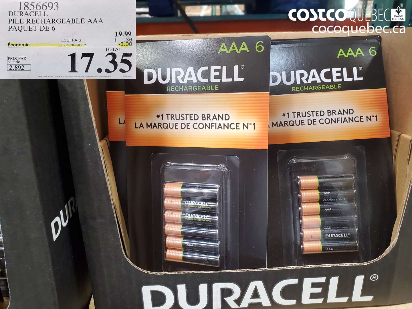 1856693 DURACELL PILE RECHARGEABLE AAA PAQUET DE 6 ($3.00 INSTANT SAVINGS EXPIRES ON 2026-08-02) $17.35