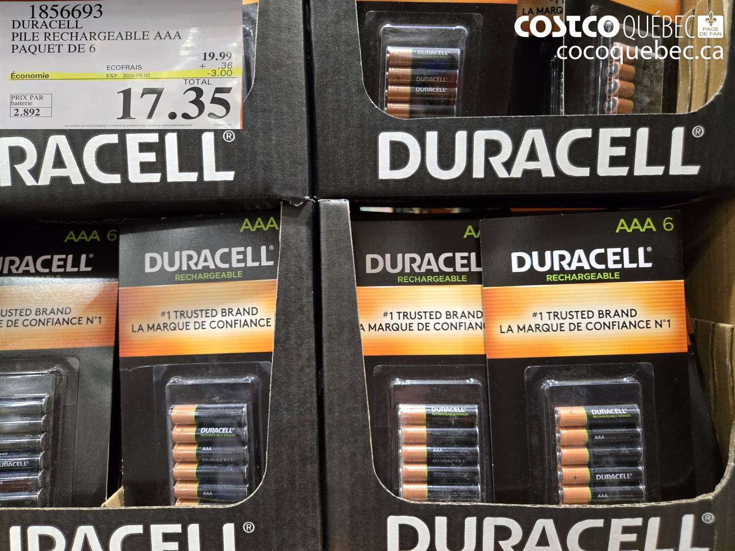 1856693 DURACELL PILE RECHARGEABLE AAA PAQUET DE 6 ($3.00 INSTANT SAVINGS EXPIRES ON 2026-08-02) $17.35