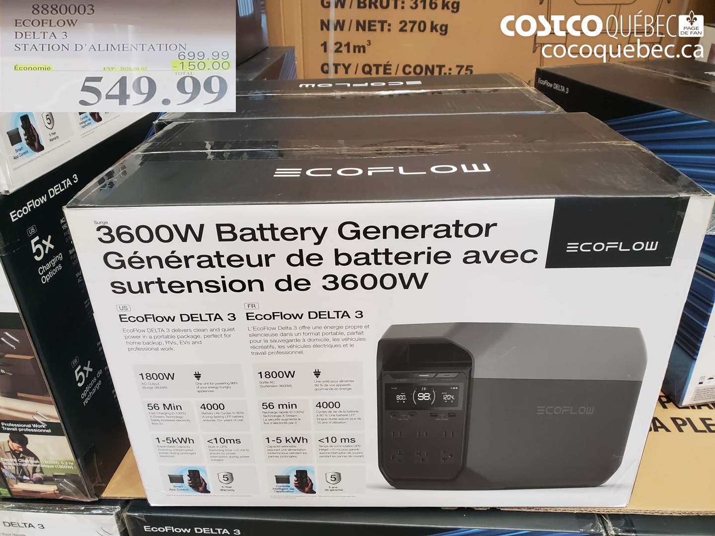 8880003 ECOFLOW DELTA 3 STATION D'ALIMENTATION ($150.00 INSTANT SAVINGS EXPIRES ON 2026-08-02) $549.99
