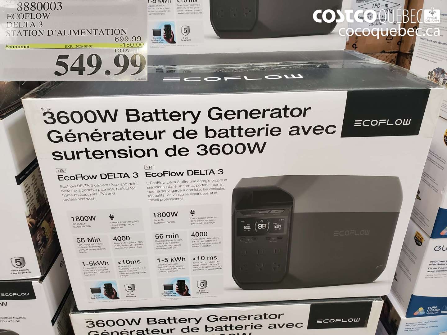 8880003 ECOFLOW DELTA 3 STATION D'ALIMENTATION ($150.00 INSTANT SAVINGS EXPIRES ON 2026-08-02) $549.99