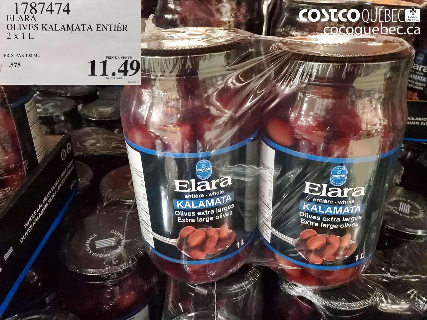 1787474 ELARA OLIVES KALAMATA ENTIER 2 X 1 L $11.49