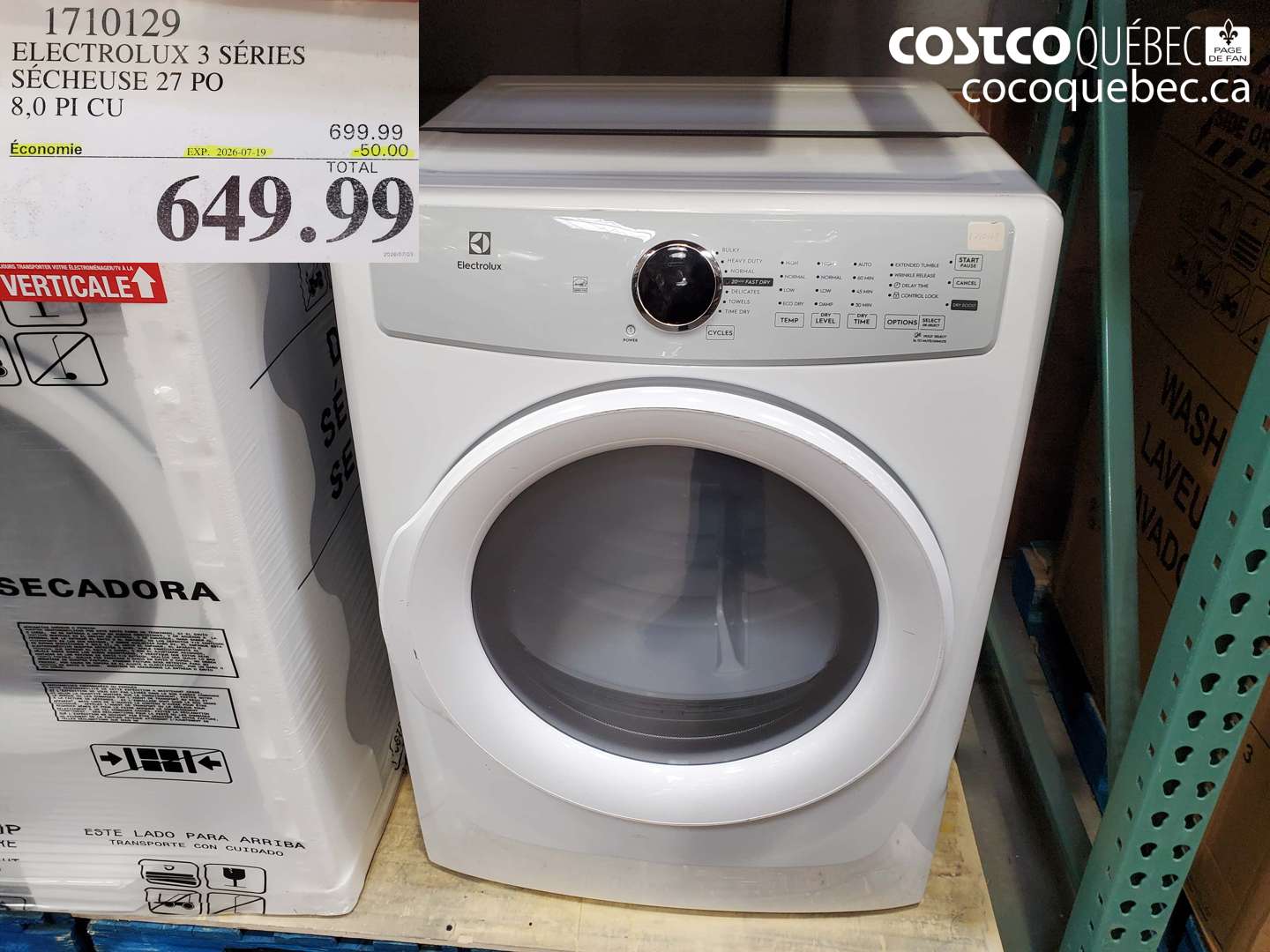 1710129 ELECTROLUX 3 SÉRIES SÉCHEUSE 27 PO 8.0 PI CU ($50.00 INSTANT SAVINGS EXPIRES ON 2026-07-19) $649.99