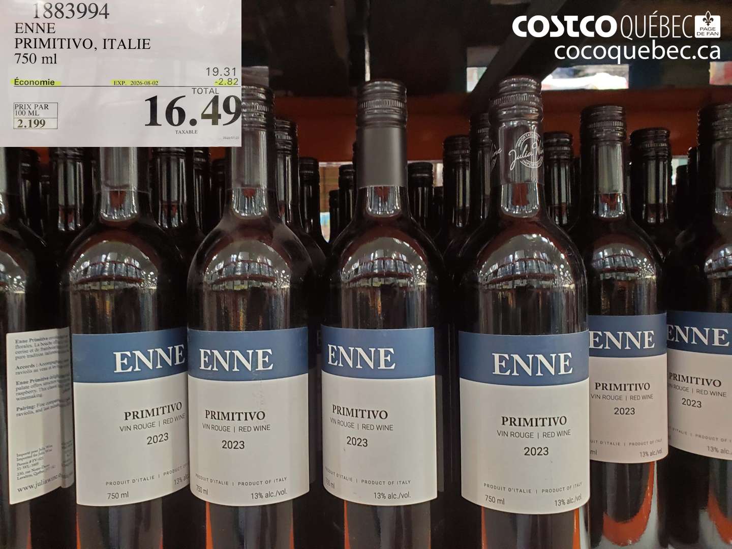 1883994 ENNE PRIMITIVO, ITALIE 750 ML ($2.82 INSTANT SAVINGS EXPIRES ON 2026-08-02) $16.49