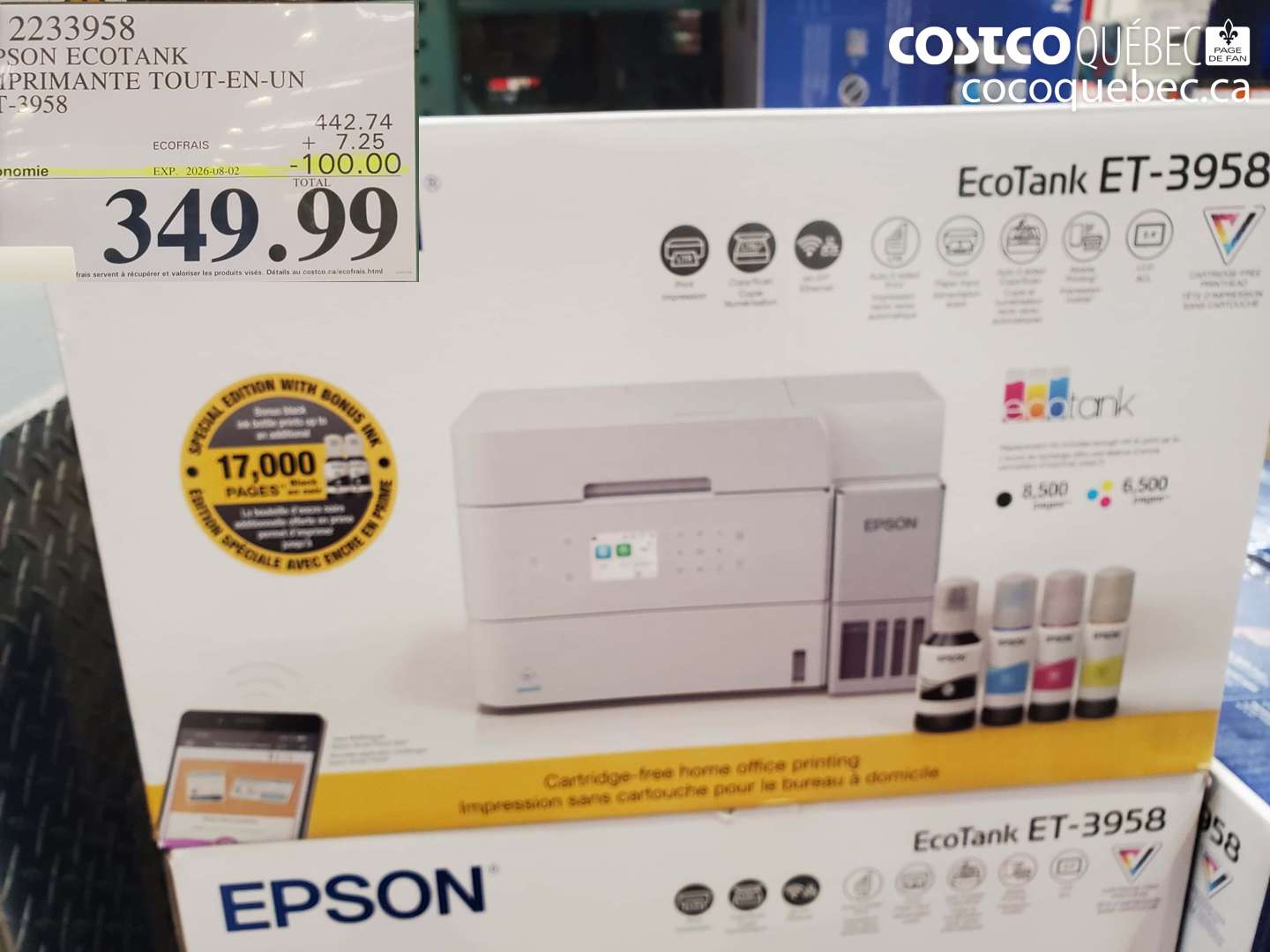 2233958 EPSON ECOTANK IMPRIMANTE TOUT-EN-UN ET-3958 ($100.00 INSTANT SAVINGS EXPIRES ON 2026-08-02) $349.99