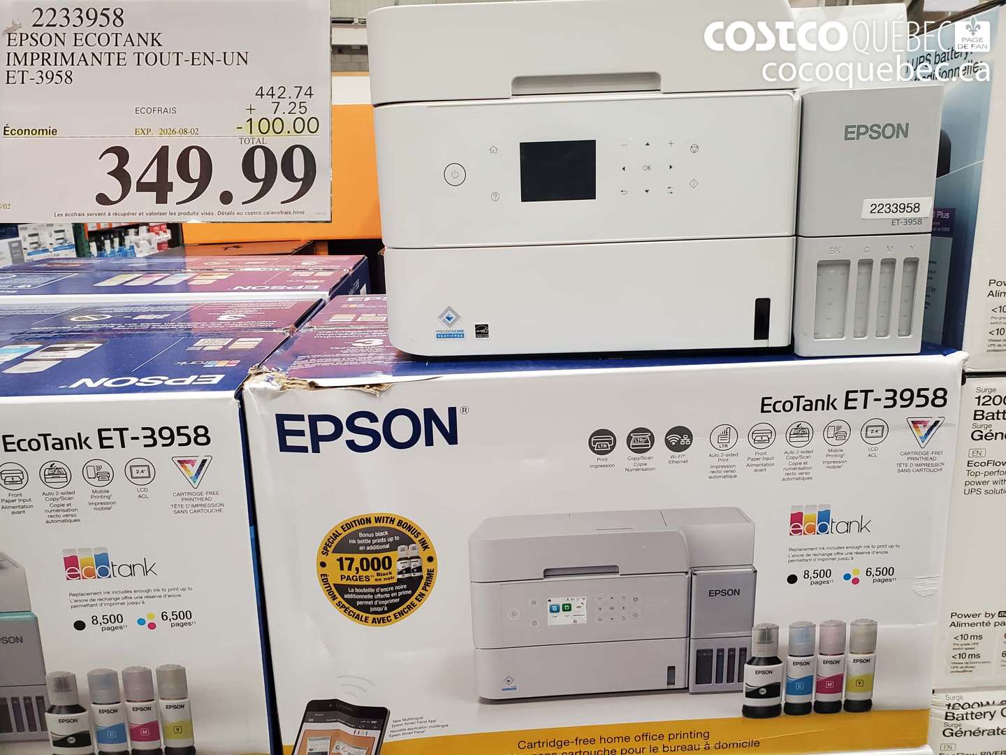 2233958 EPSON ECOTANK IMPRIMANTE TOUT-EN-UN ET-3958 ($100.00 INSTANT SAVINGS EXPIRES ON 2026-08-02) $349.99