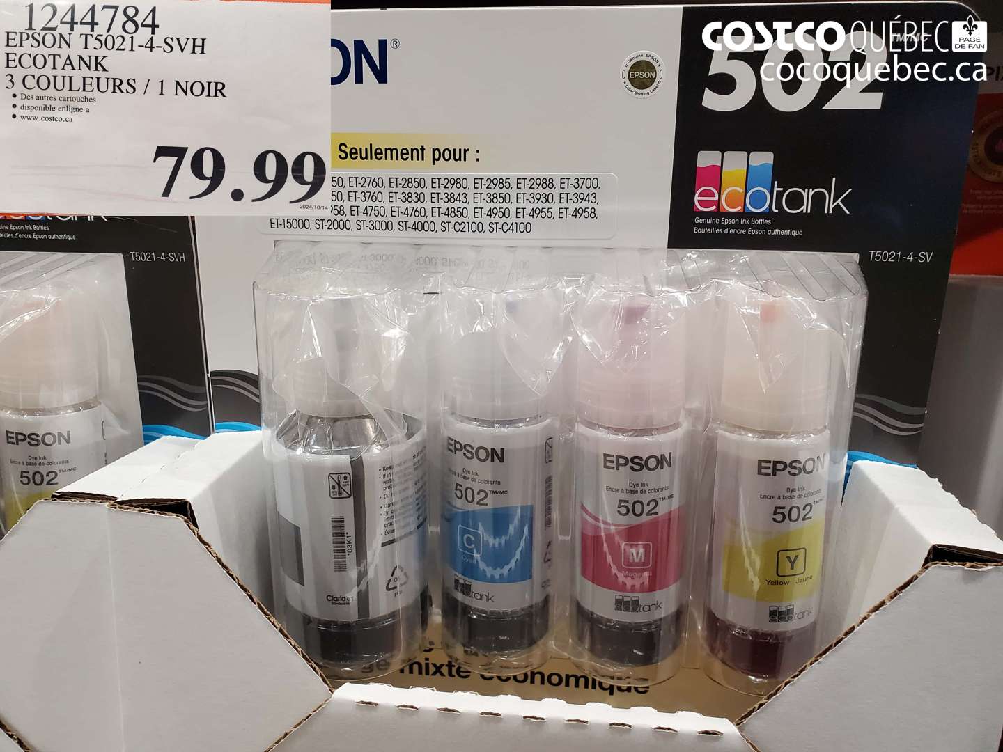 1244784 EPSON T5021-4-SVH ECOTANK 3 COULEURS / 1 NOIR $79.99