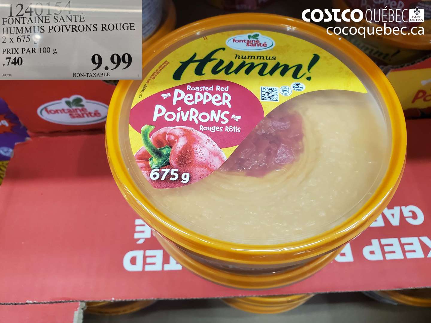 1240154 FONTAINE SANTÉ HUMMUS POIVRONS ROUGE 2 X 675 G $9.99