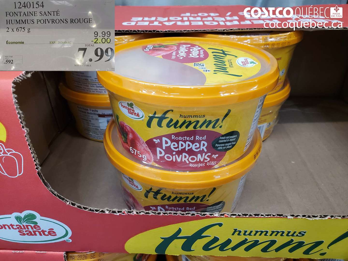 1240154 FONTAINE SANTÉ HUMMUS POIVRONS ROUGE 2 X 675 G ($2.00 INSTANT SAVINGS EXPIRES ON 2026-08-02) $7.99