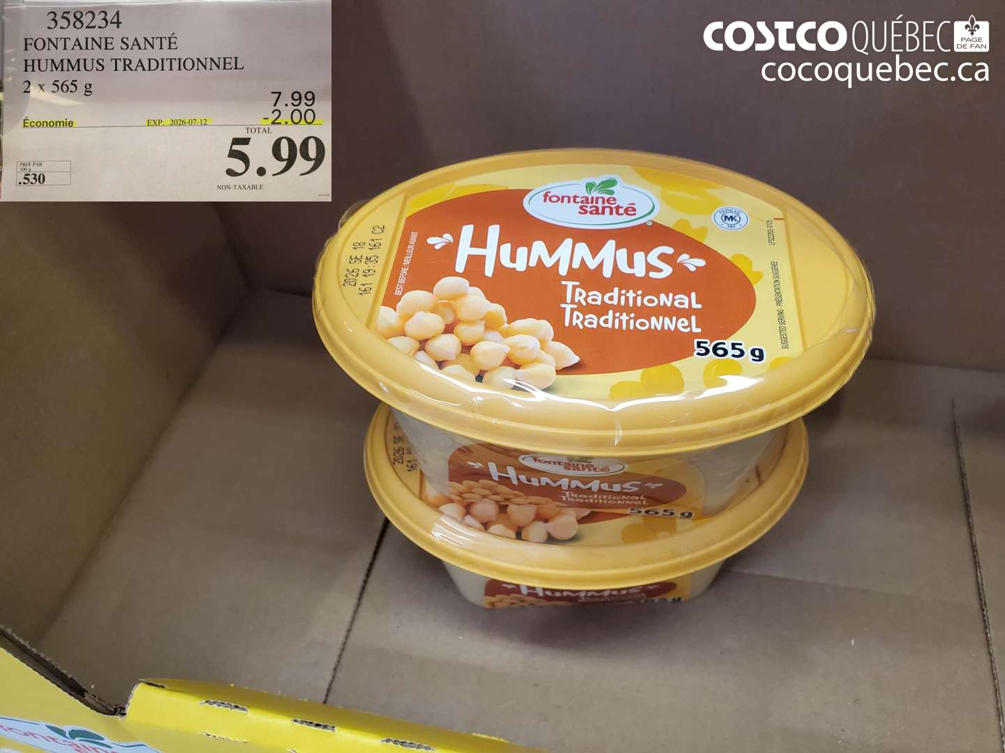 358234 FONTAINE SANTÉ HUMMUS TRADITIONNEL 2 X 565 G ($2.00 INSTANT SAVINGS EXPIRES ON 2026-07-12) $5.99