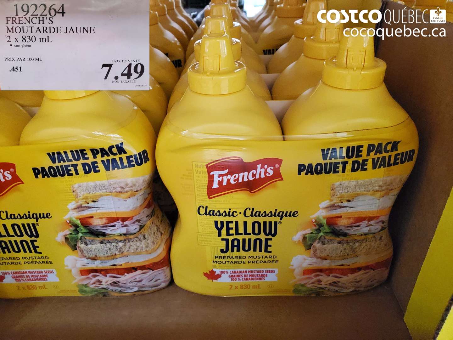 192264 FRENCH'S MOUTARDE JAUNE 2 X 830 ML $7.49