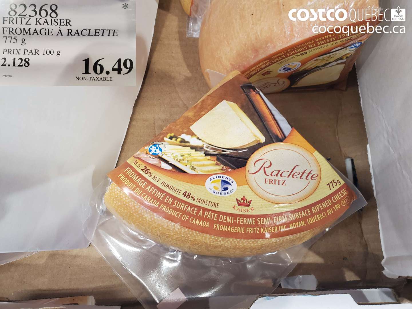 82368 FRITZ KAISER FROMAGE À RACLETTE 775 G $16.49
