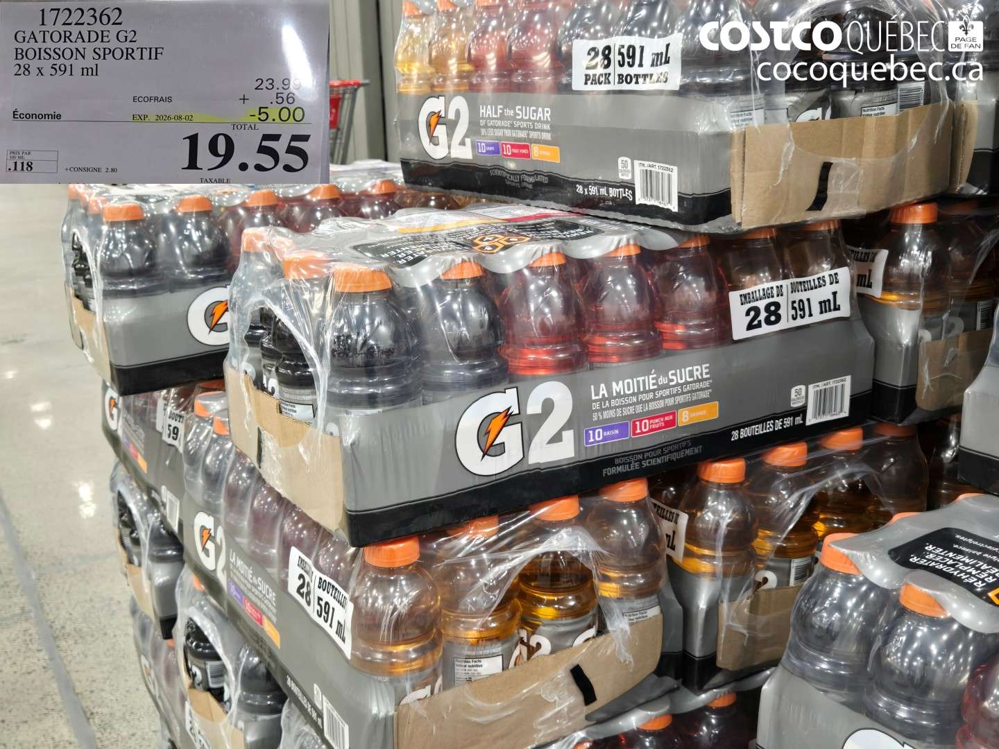 1722362 GATORADE G2 BOISSON SPORTIF 28 X 591 ML ($5.00 INSTANT SAVINGS EXPIRES ON 2026-08-02) $19.55
