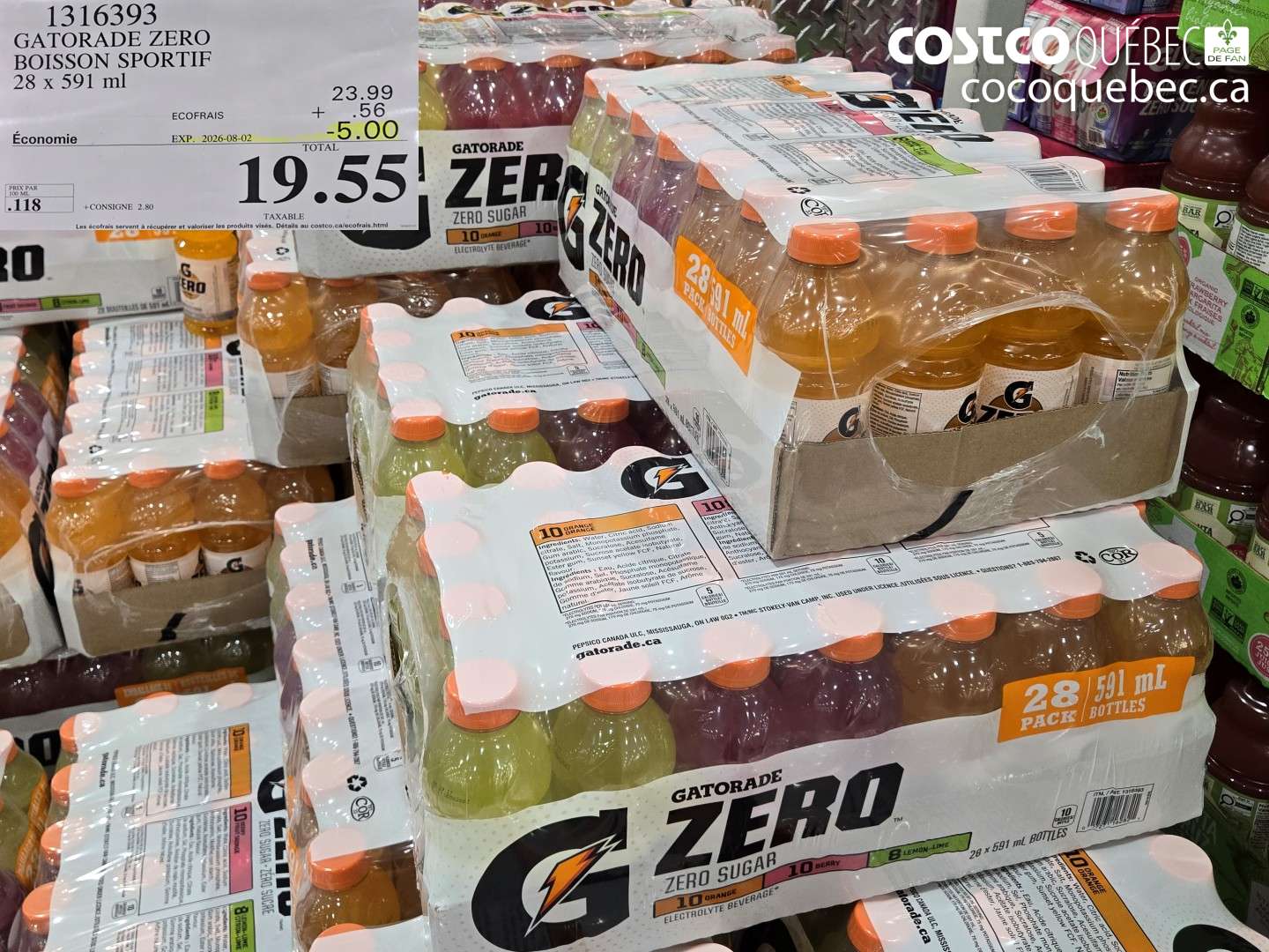 1316393 GATORADE ZERO BOISSON SPORTIF 28 X 591 ML ($5.00 INSTANT SAVINGS EXPIRES ON 2026-08-02) $19.55