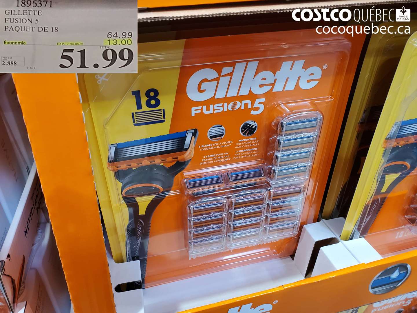 1895371 GILLETTE FUSION 5 PAQUET DE 18 ($13.00 INSTANT SAVINGS EXPIRES ON 2026-08-02) $51.99