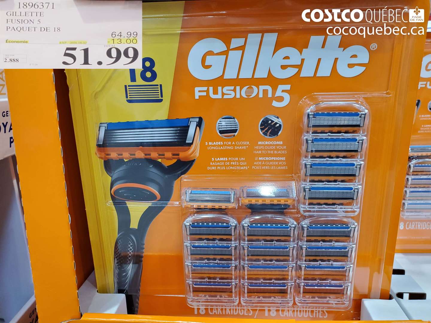 1896371 GILLETTE FUSION 5 PAQUET DE 18 ($13.00 INSTANT SAVINGS EXPIRES ON 2026-08-02) $51.99