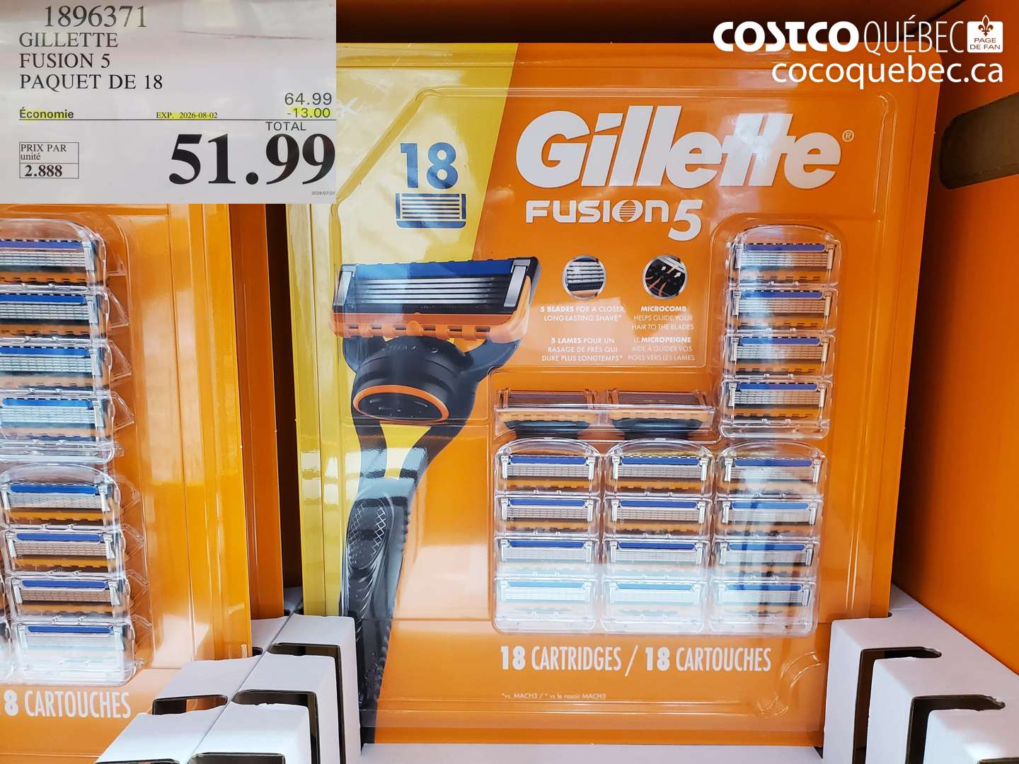 1896371 GILLETTE FUSION 5 PAQUET DE 18 ($13.00 INSTANT SAVINGS EXPIRES ON 2026-08-02) $51.99